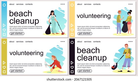 Beach cleanup and volunteering activity set of web banners with men and women eco activists collecting garbage on beach and street, flat cartoon vector illustration.