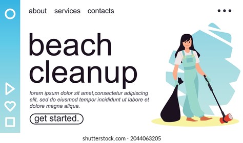 Beach cleanup website banner mockup with volunteer woman picking trash, flat vector illustration. Ocean and water resources, environment saving action webpage.