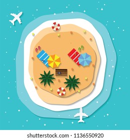 Beach with clear water, beach ball, surfing coconut, starfish, swimming ring in the sea vector 