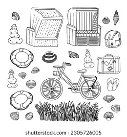 Strandklauselset mit Strohhut, Koffer, Rucksack, Muscheln, Liegestuhl, Fahrrad, Steinpyramide. Isolierte Elemente. Stockillustration. Handgemalt.