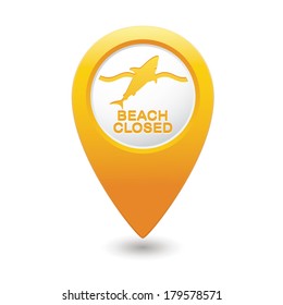 Beach Closed, shark sighting sign on map pointer, vector illustration.