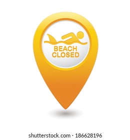 Beach Closed, shark sighting sign on map pointer, vector illustration.