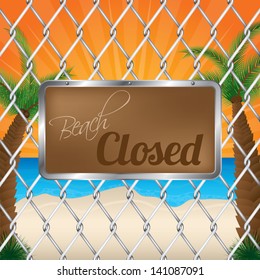 Beach closed sign on wired fence with sunset in background