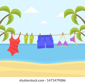 Beach Clothes Hanging on Rope, Swimwear and Flip Flops on a Clothesline on Beautiful Seaside Landscape Backround Vector Illustration