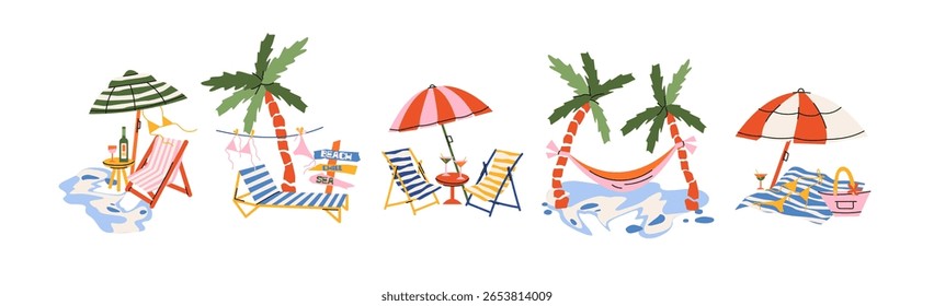Beach club compositions in retro cartoon style. Summer set: loungers, umbrellas, cocktails, signs, palm trees. Playful seaside lifestyle illustration in funky, doodle aesthetic.