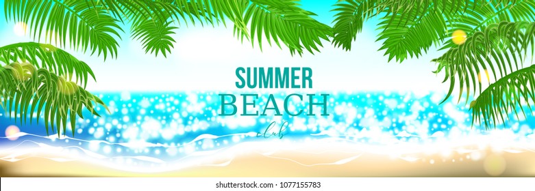 Beach club horizontal summer time palm tree banner. Palm leaf seashore sand. Ocean poster sunny tropical vector illustration. Hawaii landscape paradise. Colored party invitation.