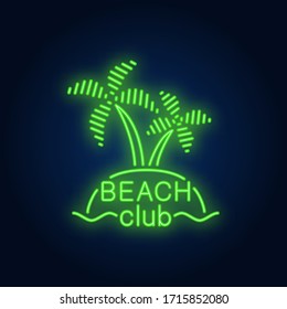 Beach club lettering and cocktail and island with palms. Neon sign on brick background. Bar, restaurant, summer resort. Summer vacation concept. For topics like holiday, resort, entertainment