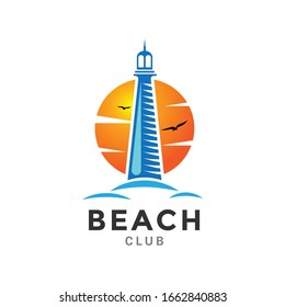 Logotipo Beach Club con faro y atardecer