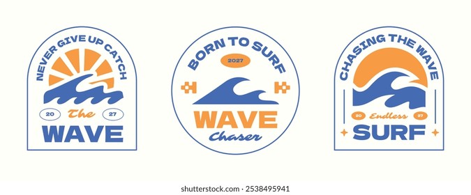 Beach club logos badge. Tropical susnet vibes apparel design template
