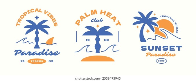 Insignia de logotipos de club de playa. Plantilla de diseño de ropa de surf tropical