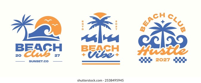 Distintivo de logotipos do clube de praia. Modelo de design de vestuário de vibes de pôr do sol tropical