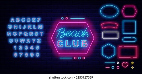 Beach club neon signboard. Frames collection. Shiny alphabet. Night party invitation. Coast event decoration. Glowing banner. Celebration design on brick wall. Editable stroke. Vector illustration