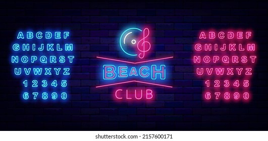 Beach club neon signboard. Shiny blue and pink alphabet. Dance music design. Glowing template promotion. Season ocean evening. Night emblem. Editable stroke. Vector stock illustration