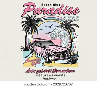 Beach club paradise. Summer beach vibes vector artwork. Holliday road trip by vehicle. California surfing club vector artwork for apparel, stickers, background and other.