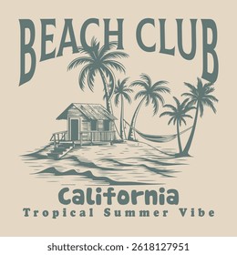 Beach club paradise. Summer beach vibes vector artwork. California surfing club. Surfing club graphic print design for t shirt. graphic design for t shirt print, poster, sticker, background and other 