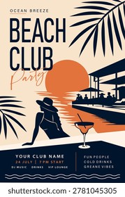 Beach club party. Vector poster. Sunset, palm, woman with cocktail, silhouettes of people in the distance. Space for text. Perfect for summer design, events, parties, travel advertising, social media