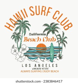 Beach Club Tropical summer vintage prints, surf club the perfect wave, California, Surfing club graphic print design for t shirt, sticker, poster and others. Surf board with wave vector artwork design