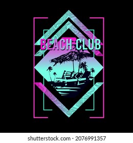 Beach club Typographic geometrical neon gradient beach resort palm tree Graphic Design for t shirt print graphic and poster Summer design vector