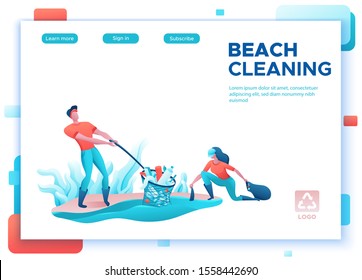 Beach Coast Cleanup Concept, Cleaning People With Bag, Volunteer Picking Garbage From Water, Team Reduce Plastic Pollution, Flat Cartoon Vector Ecology Illustration, Landing Page Template