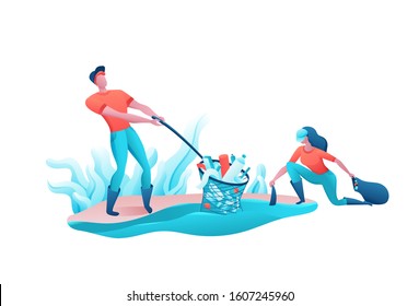 Beach Coast Cleanup Concept, Cleaning People With Bag, Volunteer Picking Garbage From Water, Team Reduce Plastic Pollution Of Environment, Recycle Trash, Flat Cartoon Vector Ecology Illustration