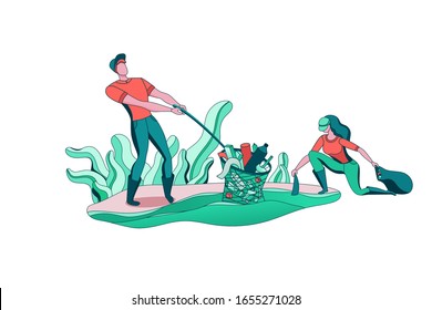 Konzept der Reinigung der Küste, Reinigung von Menschen mit Tasche, Freiwillige, die Abfälle aus dem Wasser sammeln, Team reduzieren Umweltverschmutzung durch Plastik, Recycling von Müll, flache Cartoon Vektorillustration Ökologie Illustration