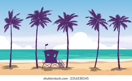 Beach coast landscape with Lifeguard Station. Palms, sea, ocean, coast view