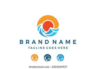 Beach or coast logo design in simple sun and ocean shape vector template