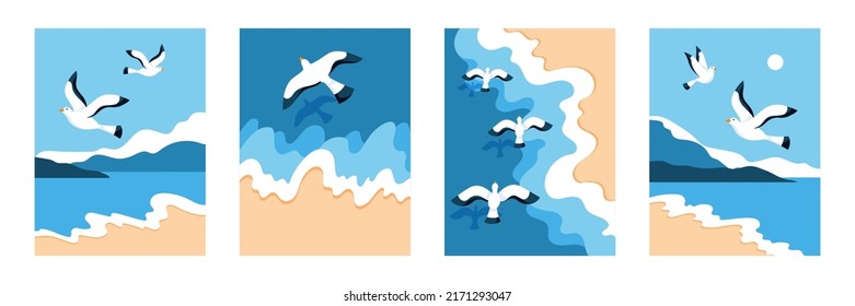 Costa de la playa. Naturaleza nocturna con gaviota marina, vista panorámica del océano, pájaro volador. Colección vertical de carteles, viajes y antecedentes de vacaciones. Fondo marino, ilustración vectorial