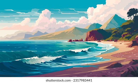 costa de playa con montañas y mar, ilustración vectorial