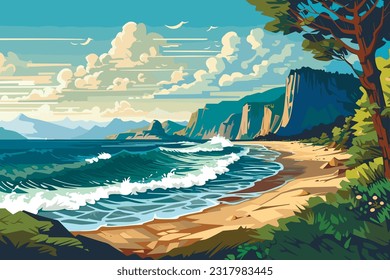 costa de playa con montañas y mar, ilustración vectorial