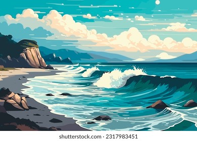 costa de playa con montañas y mar, ilustración vectorial