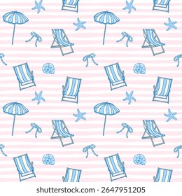 Beach coastal seamless pattern of beach chairs and umbrellas in blue on striped backdrop perfect for summer fabric, wallpaper and digital ocean design