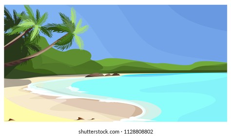 Beach coastline with palms vector illustration. Vacation space at sea. Paradise illustration