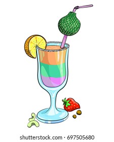 Beach cocktail cartoon hand drawn image. Original colorful artwork, comic childish style drawing.