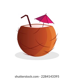 Beach cocktail coco icon.Pina colada in coconut with straw, umbrella,flower.Summer tropical concept of a banner.Cartoon illustration vector icon for web design.