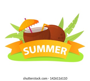 Beach cocktail coco.Pina colada in coconut  with straw, umbrella.Summer tropical concept of a banner with palm leaves.Cartoon illustration vector icon for web design.