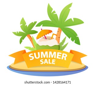 Beach cocktail coco.Pina colada in coconut  with straw, umbrella.Summer sale tropical concept of a banner discount with palm trees.Cartoon illustration vector icon for web design.