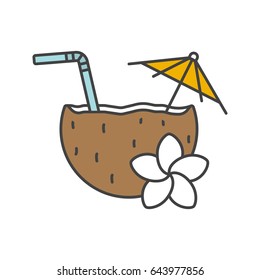 Beach cocktail color icon. Pina colada cocktail with straw, umbrella and plumeria flower. Isolated vector illustration