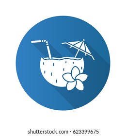 Beach cocktail flat design long shadow icon. Pina colada cocktail with straw, umbrella and plumeria flower. Vector silhouette symbol