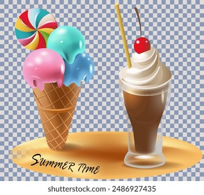 Beach cocktail and ice cream
, 3d realistic vacation icons, summer vacation. Isolated on transparent 