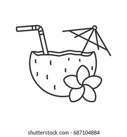 Beach cocktail linear icon. Thin line illustration. Pina colada cocktail with straw, umbrella and plumeria flower. Contour symbol. Vector isolated outline drawing