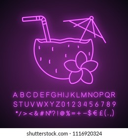 Beach cocktail neon light icon. Pina colada cocktail with straw, umbrella and plumeria flower. Glowing sign with alphabet, numbers and symbols. Vector isolated illustration