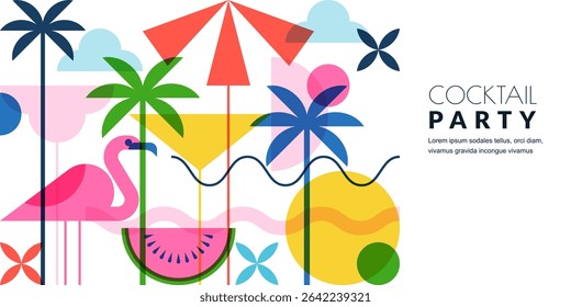 Beach cocktail party banner template. Flat vector design with tropical drinks, fruits and bar elements. Colorful geometric layout for summer flyer, poster or cocktail menu on white background