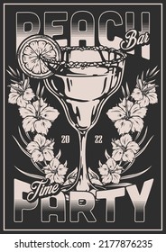 Beach cocktail vintage monochrome flyer alcoholic drink from cruise bar glass with lime slice decorated with flowers vector illustration