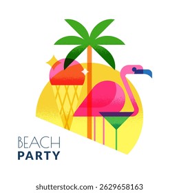 Beach cocktails bar club label, logo design. Vector flat geometric illustration. Ice-cream, palm, flamingo, cocktail on circle background. Print, banner, poster design elements