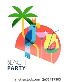 Beach cocktails bar club label, logo design. Vector flat geometric illustration. Palm, parrot and two cocktails on red sunset sun background. Print, banner, poster design elements