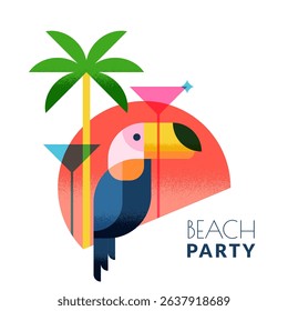 Beach cocktails bar club label, logo design. Vector flat geometric illustration. Palm, toucan and cocktails on red sunset sun background. Print, banner, poster design elements