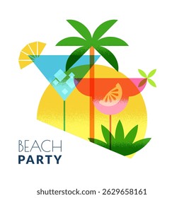 Beach cocktails bar or club, vector label, logo design. Modern flat geometric illustration for alcohol drinks menu, summer party banner, poster. Palm, drinking glasses on yellow circle background