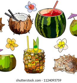 Beach cocktails in coconut, pineapple and watermelon and shell with flowers. Vector illustration