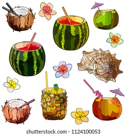 Beach cocktails in coconut, pineapple and watermelon and shell with flowers. Vector illustration